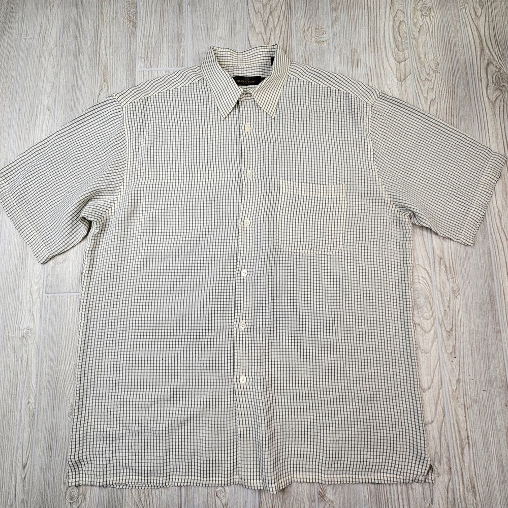Bugatchi Uomo Mens XL Short Sleeve Button Down Shirt Cream Black Grid Modal Ray